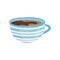 Mug of tea or coffee. Tasty beverage. Delicious hot dink. Bright blue ceramic cup with white stripes. Flat vector icon