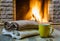 Mug for tea or coffee, woolen things near cozy fireplace.