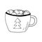 Mug with a warm drink, marshmallows and a Christmas tree. icon, card, poster, menu. sketch hand drawn doodle. monochrome.