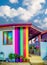 Mugla, Turkey - August 08 2018: House`s facade is decorated with rainbow color
