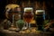 Mugs of light, wheat beer. Different grades of golden drink stand on an old wooden table during the Oktoberfest holiday.