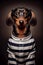 Mugshot of wanted dog in prison, dachshund in jail clothes, Generative AI