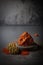 Muhammara, Eastern snack on a dark concrete background with copy space. Generative AI