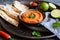 Muhammara, healthy walnut and roasted red bell pepper dip served with flatbread