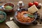 Muhammara traditional Arabian appetizer on the table close-up. vertical