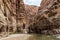 The Mujib River flows at the start of the Mujib River Canyon hiking trail in Wadi Al Mujib in Jordan