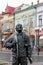 Mukachevo, Ukraine - April 6, 2015: Monument of Happy Chimney Sweeper and his cat. The monument with real chimney sweeper Bertalon