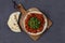 Mukimo, Kenya cuisine, meat stew, with chapatis on a dark background, top view, no people, horizontal,