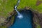 Mulafossur waterfall aerial drone view in Gasadalur, Vagar