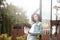 Mulatto black curly girl on street