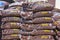 Mulch in plastic bags, garden soil bags, and lawn mix soil bags for sale at garden center department