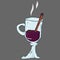 Mulled wine with cinnamon in a glass cup with a handle. Vector illustration of a glass with mulled wine and cinnamon stick. Hand d
