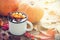 Mulled wine in enameled cup and pumpkins on table with autumn leaves.