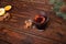 Mulled wine, punch and spices for glintwine on vintage wooden table background