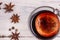 Mulled wine, punch and spices for glintwine on wooden background