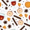 Mulled wine seamless pattern. Bottle of wine, glass with mulled wine, spices orange and apple, autumn and winter delicious drinks