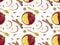 Mulled wine seamless pattern. Warm beverage mug with slices of orange, apples, cinnamon, anise, cloves, honey. Colorful