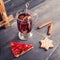 Mulled wine with strawberry pie and Christmas cookies. Vintage d