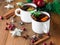 Mulled wine in white rustic mugs