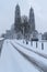 Mullingar Catedral of Crist the King during heavy snowfall . Monochromatic