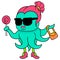 The multi armed female octopus wears sunglasses carrying a lollipop. doodle icon image kawaii