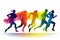 Multi-color silhouetted group of runners illustration on white background.