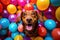 Multi-colored balloons and funny dog, puppy, kitty. Holiday. Birthday. Gift