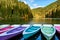 Multi-colored boats at the pier on Lake Lacu Rosu, Romania. Autumn landscape of mountain lake