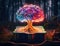 A multi-colored brain in the form of a tree that grows in a beautiful forest. Generative AI