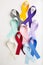 Multi colored cancer ribbons Proudly worn by patients, supporters and survivors for world cancer day. Bringing awareness to all ty