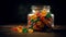 Multi colored candy jar with sweet snacks, dessert variation, and fruit generated by AI