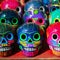 Multi-colored ceramic decorative skull. Traditional Mexican souvenirs.