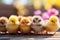Multi-colored chickens against a background of spring flowers. Easter card, promotional banner