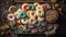 Multi colored cookie collection on rustic wood table, indulgent sweetness generated by AI