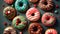 Multi colored dessert donut on striped backdrop ,generative AI