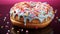 Multi colored donut with icing, chocolate, and strawberry generated by AI