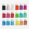 Multi-colored dyes for slimes in transparent jars on a white background. Set of 18 colors. Sparkles for slime. Products for