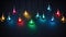 Multi-colored electric lights garland on dark blue background. Vibrant string of colorful glass bulbs
