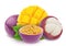 Multi-colored exotic composition with fruit mix of passion fruit, mangosteen and mango, isolated on a white background
