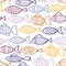 Multi-colored fish seamless pattern. Absrtact Fish icon backgroung. Sketch of fish vector isolated on white background