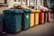 Multi-colored garbage containers on the city street, recycling and separate waste collection concept, AI Generated