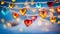 Multi-colored glass hearts, a garland of hearts on a navy background. Festive background for Valentine\\\'s Day, bokeh