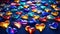 Multi-colored glass hearts, a garland of hearts on a navy background. Festive background for Valentine\\\'s Day, bokeh