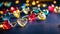 Multi-colored glass hearts, a garland of hearts on a navy background. Festive background for Valentine\\\'s Day, bokeh