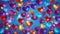 Multi-colored glass hearts, a garland of hearts on a navy background. Festive background for Valentine\\\'s Day, bokeh