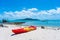 Multi-colored kayaks on a tropical sandy beach. Kayak rental. Tourist entertainment