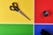 Multi-colored paper background. Yellow, green, red and blue. On the yellow background there are scissors, on the red sharpener, on