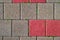 Multi-colored paving slabs and tiny green grass growing among them. Top view of red-gray tiles. Using recycled materials to create