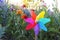 Multi colored pinwheel toy in a wildflower meadow