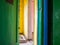Multi-colored rooms in the abandoned house. The old color apartment where nobody lives